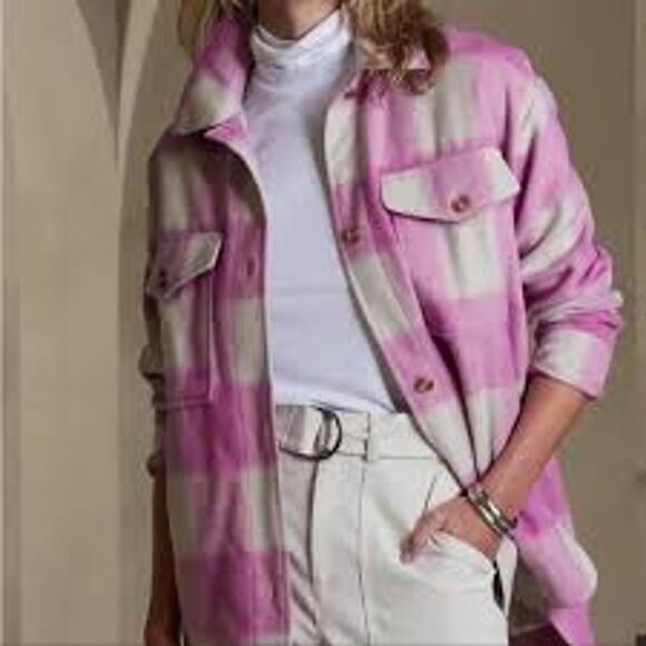 Banana Republic Button Down Plaid Shacket Soft Lined Women Size XL Petite Purple - Picture 1 of 7